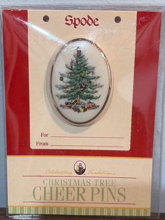 Spode Jewelry - NWT 2004 Spode Christmas Tree Cheer Pin Oval Christmas Design Gold Trim